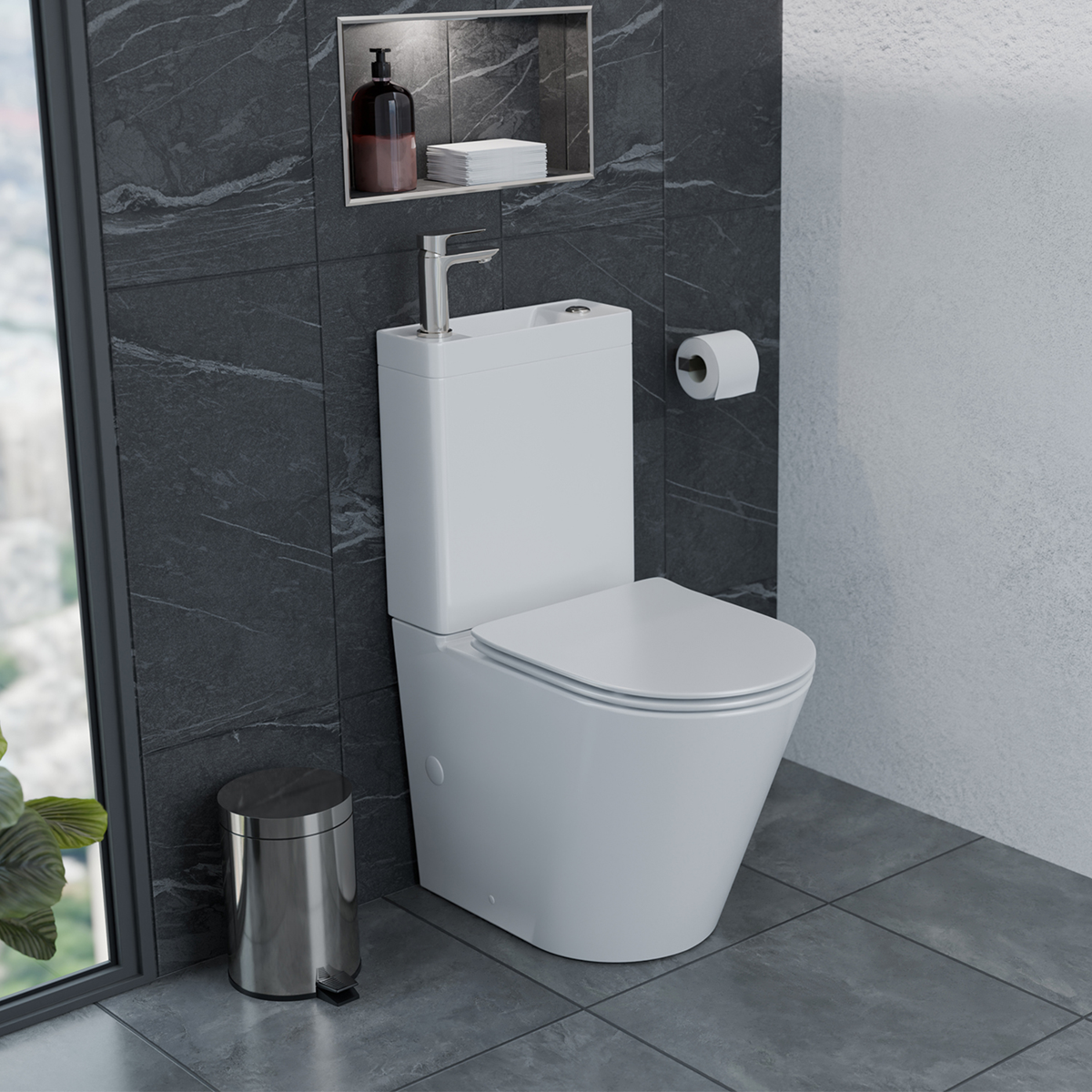 Fossil Natura Módena Oval Inodoro con Lavabo en la Cisterna Blanco brillo vista 2