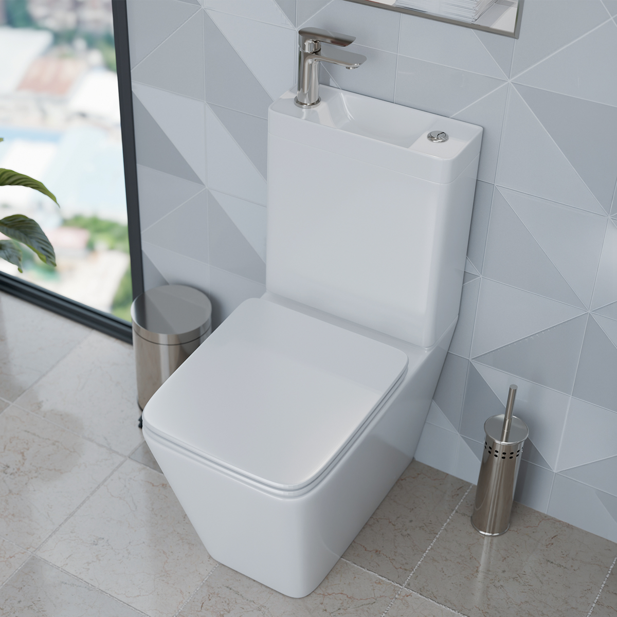 Fossil Natura Módena Square Inodoro con Lavabo en la Cisterna Blanco brillo vista 2